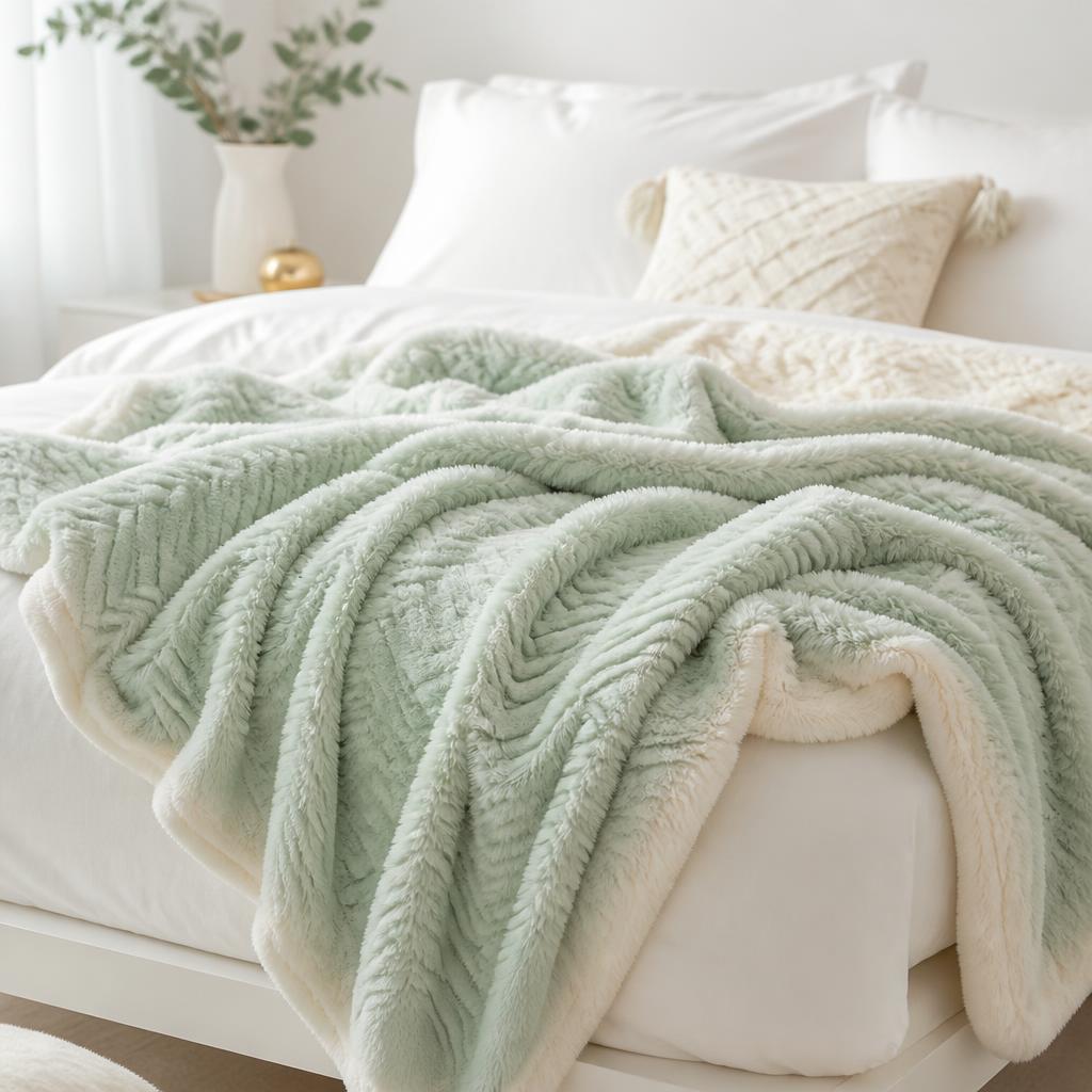 Soft mint faux fur minky blanket draped on a white bed